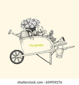 My garden. Garden cart. Vintage style. Vector illustration