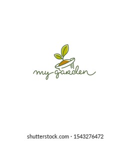 My Garden vector logo template with line art image of plant, pot and doodle calligraphy lettering composition