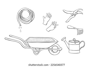 My garden. Vector set of gardening tools: wheelbarrow, watering can, prunner, hoe, protective gloves, hose for irrigation. Hand drawn outline doodle illustration