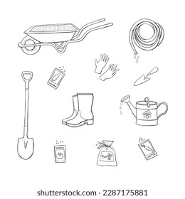 My garden. Vector set of gardening tools: wheelbarrow, watering can, prunner, hoe, protective gloves, hose for irrigation. Hand drawn outline doodle illustration
