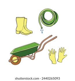 My garden. Vector set of gardening tools: wheelbarrow, watering can, protective gloves, hose for irrigation, rubber boots. Hand drawn outline color illustration in flat doodle style