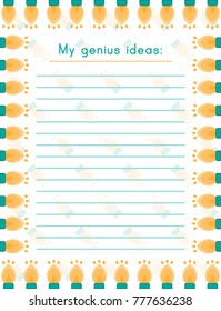 My genius ideas list. Printable page. Page for notebooks, books, planner, organiser. Vector illustration. 