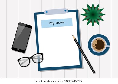 My goals - Blank notepad with smart phone and a cup of coffee on wood background, setting goals concept vector.