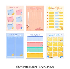 My goals creative planner page set design. Kid summer holiday wish. Cute monthly spread with doodles. Children bullet journal color sheet. Printable diary layout. Notebook vector template