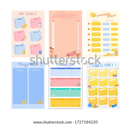 My goals creative planner page set design. Kid summer holiday wish. Cute monthly spread with doodles. Children bullet journal color sheet. Printable diary layout. Notebook vector template