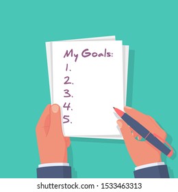 My goals. Human in a notebook writes goals. Personal planning. Motivation in life. Vector illustration flat design. Isolated on background. Blank notebook with a list. Accounts report.
