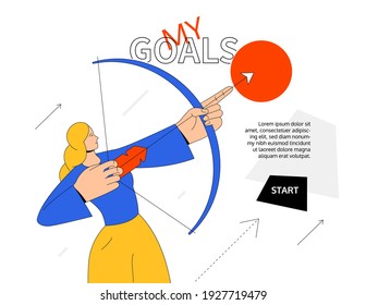 My goals - modern colorful flat design style illustration. Personal development, motivation and business success idea. A composition with a woman holding a bow and arrow, aiming at the shooting target