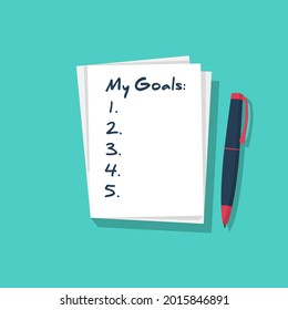 My goals. Notebook writes goals. Personal planning. Motivation in life. Vector illustration flat design. Isolated on background. Blank notebook with a list. Accounts report.