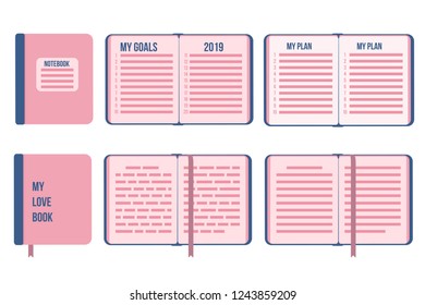 My Goals PLAN New Year 2019. Flat notebook book cover closed and open with list. Vector isolates on white background.