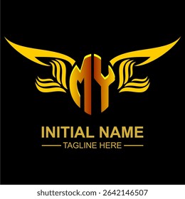 MY Golden Wing Emblem Logo with elegant gold wings, sleek and modern design. Ideal for branding, creative projects, luxury businesses, or artistic ventures.