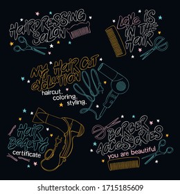 My haircut evolution. Love is in the hair. Hair beauty. Set lettering. Hair dryer, comb and scissors. Isolated vector object on black background.
