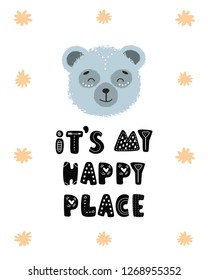 It's my happy place - Cute hand drawn nursery poster with cartoon character animal giraffe and lettering. in scandinavian style. Color vector illustration.