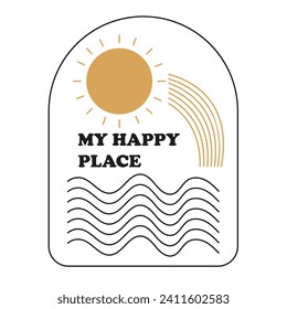 Mi lugar feliz. Ola y sol. Vacaciones en la playa, paraíso de verano. Pequeño icono minimalista en el océano o en el mar. Aislado. Diseño retro minimalista. Ilustración del vector