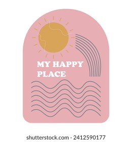 Mi lugar feliz. Ola y sol. Vacaciones en la playa, paraíso de verano. Pequeño icono minimalista en el océano o en el mar. Aislado. Diseño retro minimalista. Ilustración del vector