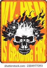 My head is growing fire, vintage poster, retro poster, Inferno, epic, blazing skull, west, mascot, silhouette, flaming head, watch, zombie