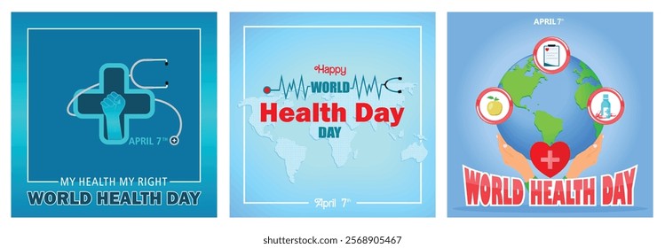 My health is my right. World map with stethoscope. Global health awareness day. World Health Day concept. Set flat vector illustration.