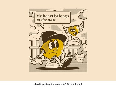 My heart belong to the past. Mascot character illustration of a ball head and flying heart