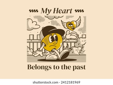 My heart belong to the past. Mascot character illustration of a ball head and flying heart