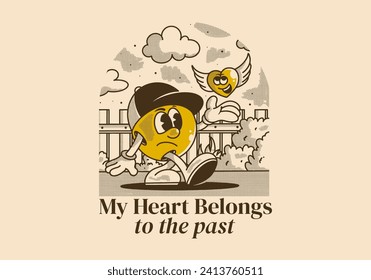 My heart belong to the past. Mascot character illustration of a ball head and flying heart