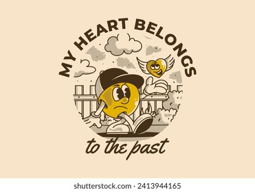 My heart belong to the past. Mascot character illustration of a ball head and flying heart