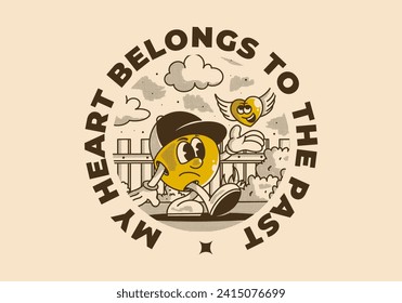 My heart belong to the past. Mascot character illustration of a ball head and flying heart
