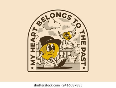 My heart belong to the past. Mascot character illustration of a ball head and flying heart