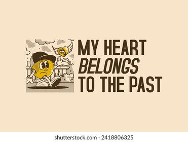 My heart belong to the past. Mascot character illustration of a ball head and flying heart