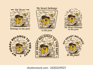 My heart belong to the past. Mascot character illustration of a ball head and flying heart