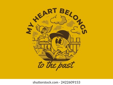 My heart belong to the past. Mascot character illustration of a ball head and flying heart