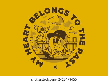 My heart belong to the past. Mascot character illustration of a ball head and flying heart