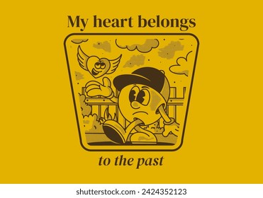 My heart belong to the past. Mascot character illustration of a ball head and flying heart