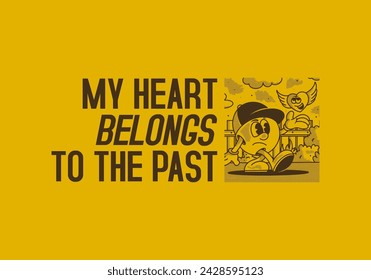 My heart belong to the past. Mascot character illustration of a ball head and flying heart