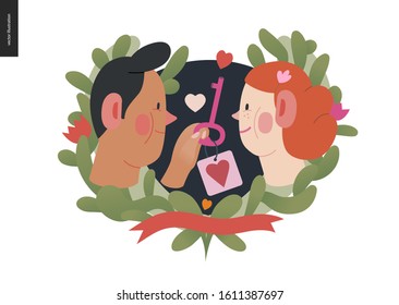 Mi llave cardíaca -gráficos del día de San Valentín. Ilustración moderna del concepto vectorial plano - una joven pareja retórica-sexual en el amor, hombre dando la llave, la etiqueta del corazón. Personajes cortos en concepto de amor. Marco floral, cinta