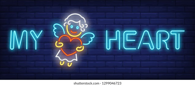 My heart neon text and cupid with heart. Saint Valentines Day design. Night bright neon sign, colorful billboard, light banner. Vector illustration in neon style.
