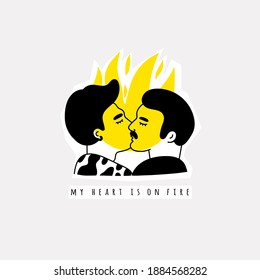 My Heart Is On Fire. Gay Male Couple Being Loving And Happy. Two Guys Kissing. Pride Community Concept. Hand Drawn Vector Illustration. Isolated On White Background