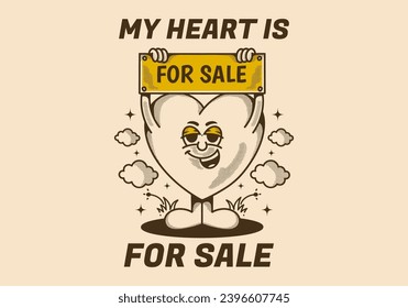 My heart is for sale. Vintage character of a heart holding a board with for sale text