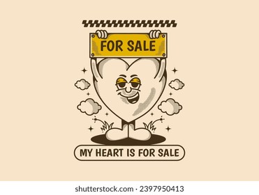 My heart is for sale. Vintage character of a heart holding a board with for sale text