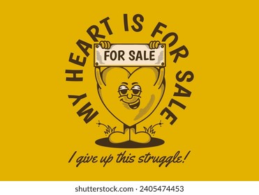 My heart is for sale. Vintage character of a heart holding a board with for sale text