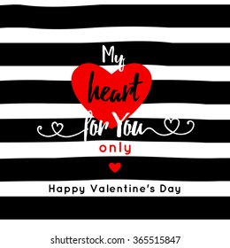 my heart for you only . message . red hert and ribbon isolated on stripe background. Valentine's day greeting card, vector.