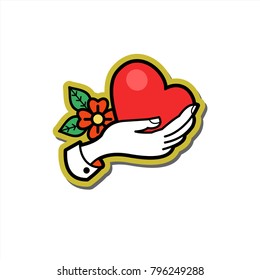 My heart for you! Vector logo. Red heart in his hand.