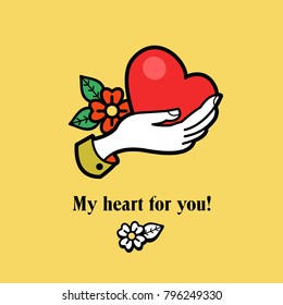 My heart for you! Vector logo. Red heart in his hand.