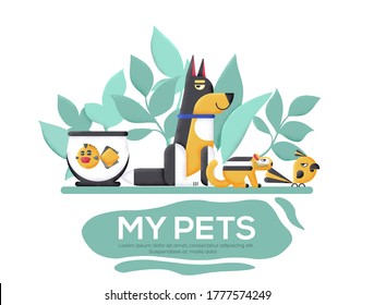 My home pets flyer, magazines, poster, book cover, banners. invitation cards concept background. Layout illustration modern slider page.  Grain texture and noise effect.