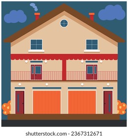 My house, autumn home, flat, fall, autumn colors, fall house, orange home, sky blue, cloud, two-storey house, garage, red, two bush, windows, autumn home, hometown