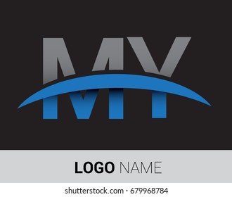 MY initial logo company name colored grey and blue swoosh design.