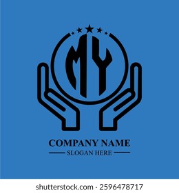 MY initials held within hands, symbolizing trust and protection. The circle represents unity, while stars highlight excellence and ambition.