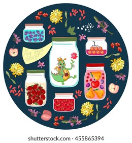 My inner dragon. Cute cartoon illustration with different jars with canned fruit jams, vegetables and berries, and cheerful little dino. Decorative round plate.  Vector drawing for kids.