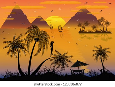 My island. The girl on the island. A fabulous romantic holiday in nature near the sea. Around the mountain, yachts. The enchanting sunset delighted anyone who would rest here.