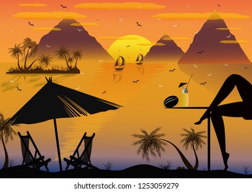 My island. The girl on the island. A fabulous romantic holiday in nature near the sea. Around the mountain, yachts. The enchanting sunset delighted anyone who would rest here.