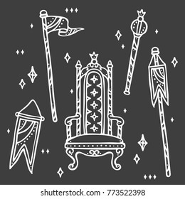 MY KINGDOM, little king and prince colletion series. Throne, flags and sceptre. Perfect for nursery roon decorations, kids party element, invitation, background, printables, etc