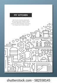 My kitchen- vector simple line design brochure poster, flyer presentation template, A4 size layout. Happy woman with cooking things